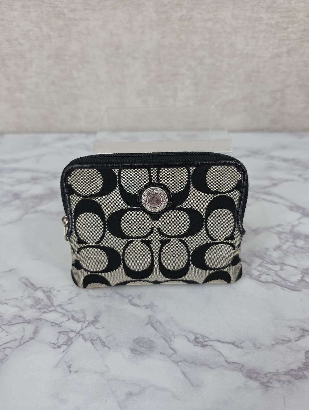 Coach Small Zipper Pouch Wallet Signature Canvas Jacquard Black Gray FLAWED